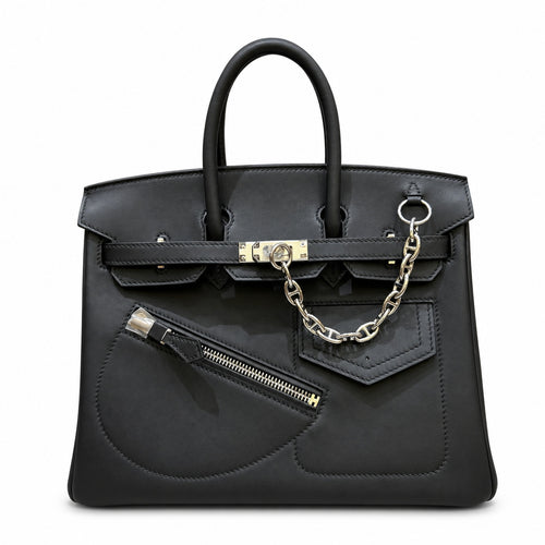 Birkin 25 Rock Black Leather Multi-Pocket Handbag with Chain — Elegant Hand-Carry Design