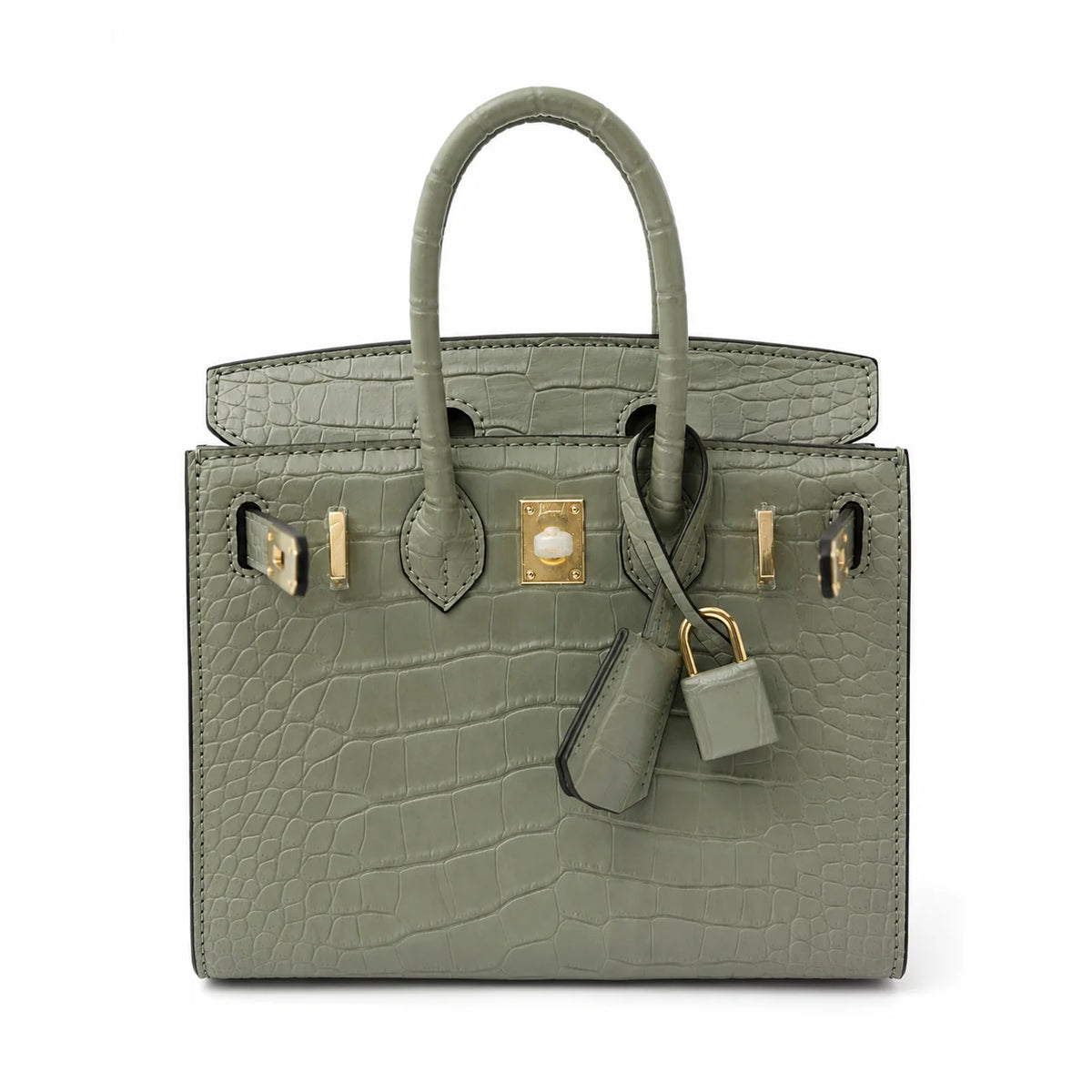 Mini Birkin 20cm Outer Stitching Tote Bag in Sage Green Crocodile Pattern — Polished Top-Handle Bag
