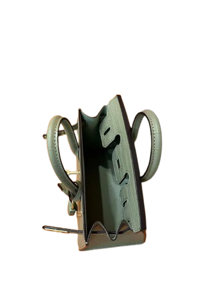 Mini Birkin 20cm Outer Stitching Tote Bag in Sage Green Crocodile Pattern — Polished Top-Handle Bag