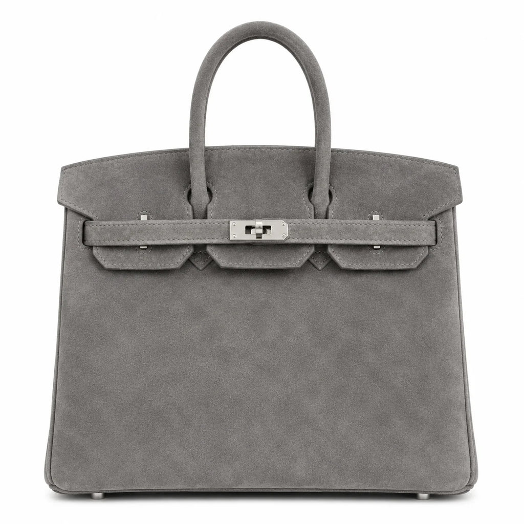 Birkin 25 Retourne in Grey Suede Grizzly (Palladium Hardware) — Sophisticated Tote Style
