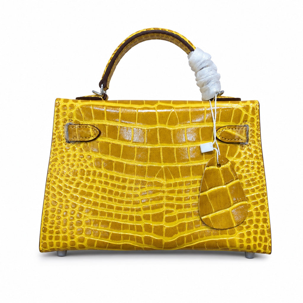 Kelly Sellier 19cm Jaune Ambre Shiny Crocodile Leather Gold Hardware & Palladium Hardware — Structured Top-Handle Handbag