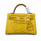 Kelly Sellier 19cm Jaune Ambre Shiny Crocodile Leather Gold Hardware & Palladium Hardware — Structured Top-Handle Handbag