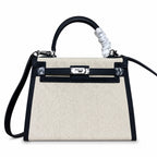 Kelly 25cm Patchwork Canvas and Swift Leather in Black — Polished Structured Handbag