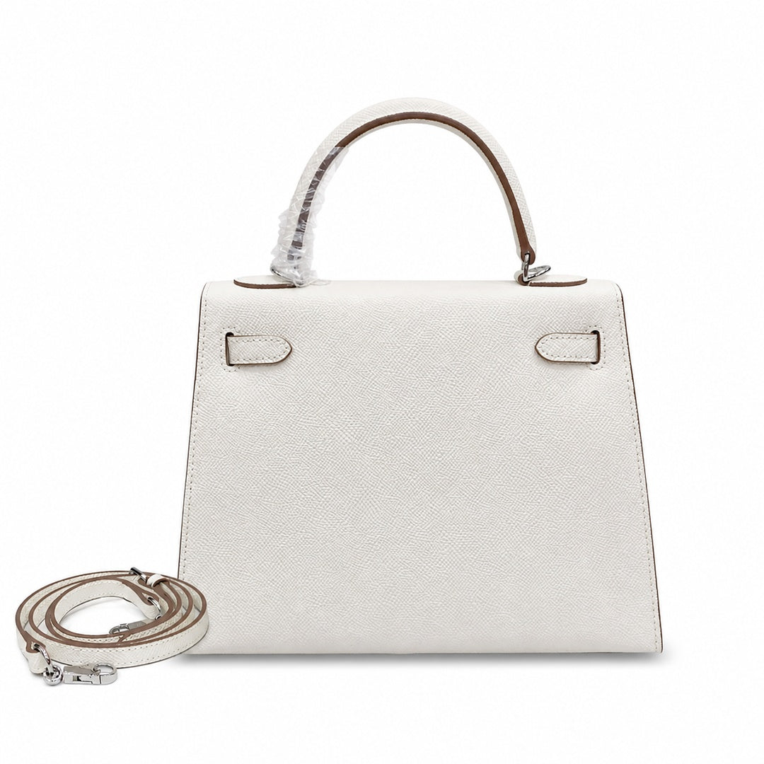 Kelly Sellier 25cm & 28cm Craie Epsom Leather Palladium Hardware Women Luxury — Streamlined Top-Handle Handbag