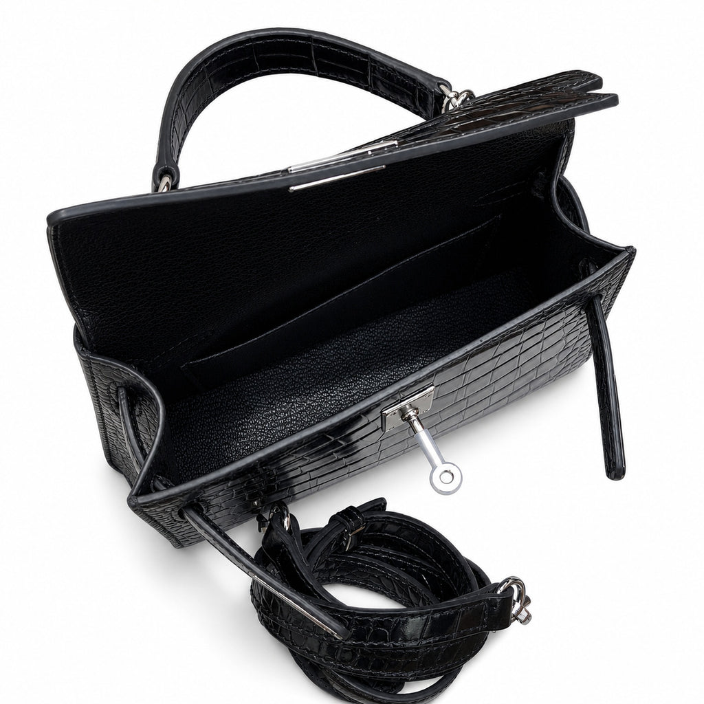 Kelly Sellier 19cm Noir Shiny Crocodile Leather Gold Hardware & Palladium Hardware — Sophisticated Carry Design