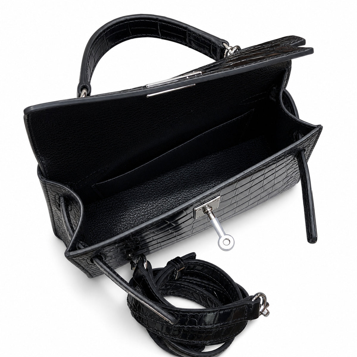 Kelly Sellier 19cm Noir Shiny Crocodile Leather Gold Hardware & Palladium Hardware — Sophisticated Carry Design