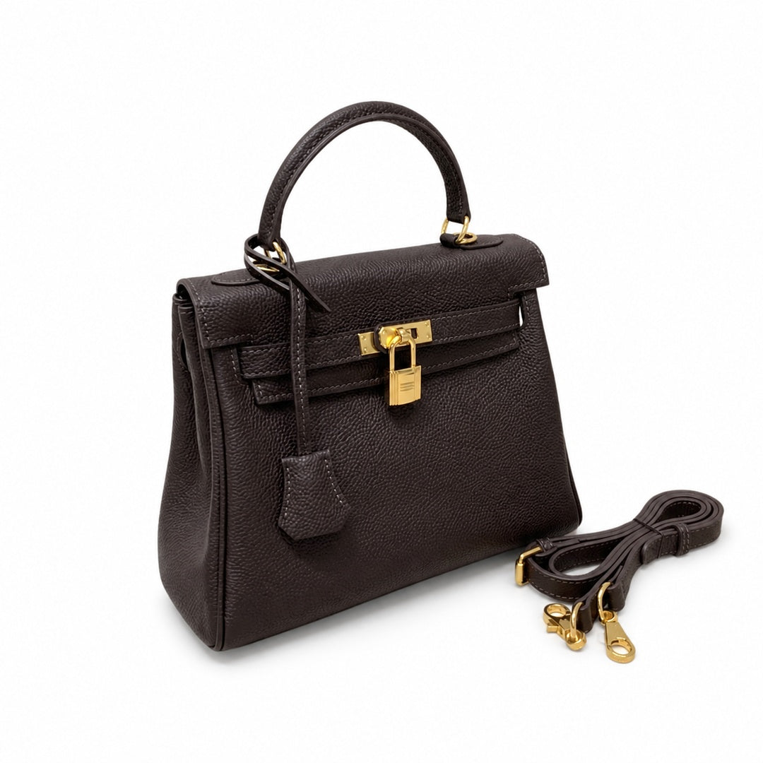 Kelly Sellier 20cm & 25cm & 28cm Marron Foncé Togo Leather Gold Hardware — Structured Top-Handle Handbag