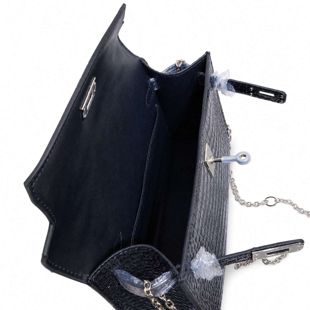 Kelly Pochette Noir Shiny Niloticus Crocodile Leather Palladium Hardware & Palladium Hardware Women Clutch Bag — Elegant Petite Clutch