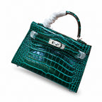 Kelly Sellier 19cm Vert Emeraude Shiny Crocodile Leather Gold Hardware & Palladium Hardware — Distinctive Hand-Carry Bag