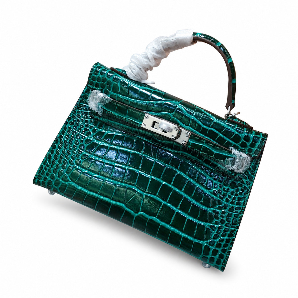 Kelly Sellier 19cm Vert Emeraude Shiny Crocodile Leather Gold Hardware & Palladium Hardware — Distinctive Hand-Carry Bag