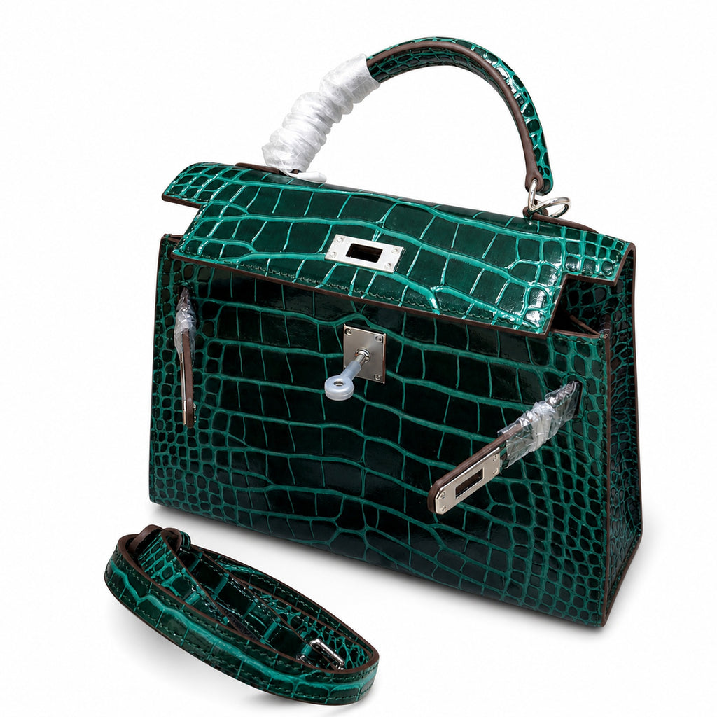 Kelly Sellier 22cm Vert Emeraude Shiny Crocodile Leather Gold Hardware & Palladium Hardware — Distinctive Hand-Carry Bag