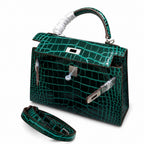 Kelly Sellier 22cm Vert Emeraude Shiny Crocodile Leather Gold Hardware & Palladium Hardware — Distinctive Hand-Carry Bag