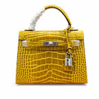 Kelly Sellier 22cm Jaune Ambre Shiny Crocodile Leather Gold Hardware & Palladium Hardware — Elegant Structured Carry Style