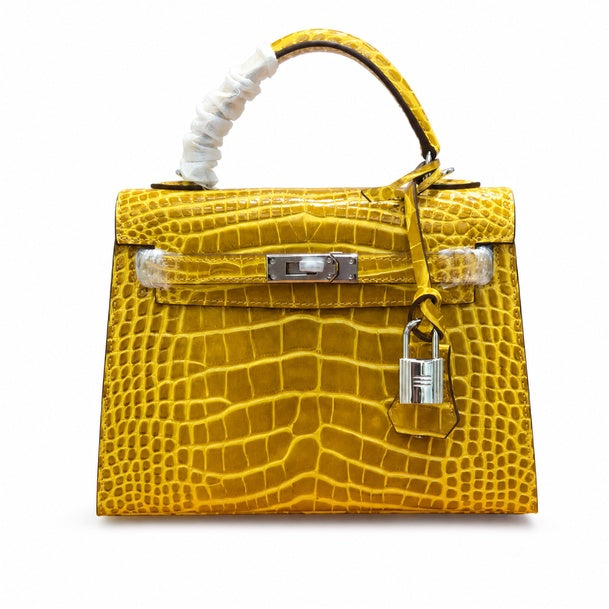 Kelly Sellier 22cm Jaune Ambre Shiny Crocodile Leather Gold Hardware & Palladium Hardware — Elegant Structured Carry Style