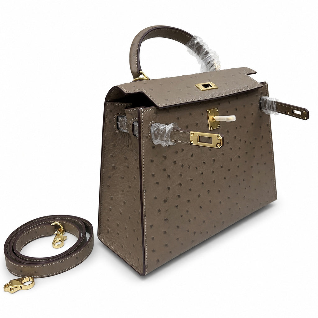 Hermès Kelly Sellier 25 Ostrich Etoupe Gold Hardware — Classic Hand-Carry Silhouette