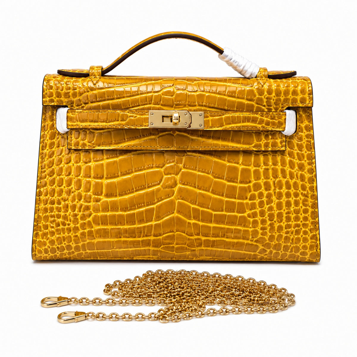 Kelly Pochette Jaune Ambre Shiny Niloticus Crocodile Leather Palladium Hardware Women Clutch Bag — Compact Pochette Clutch