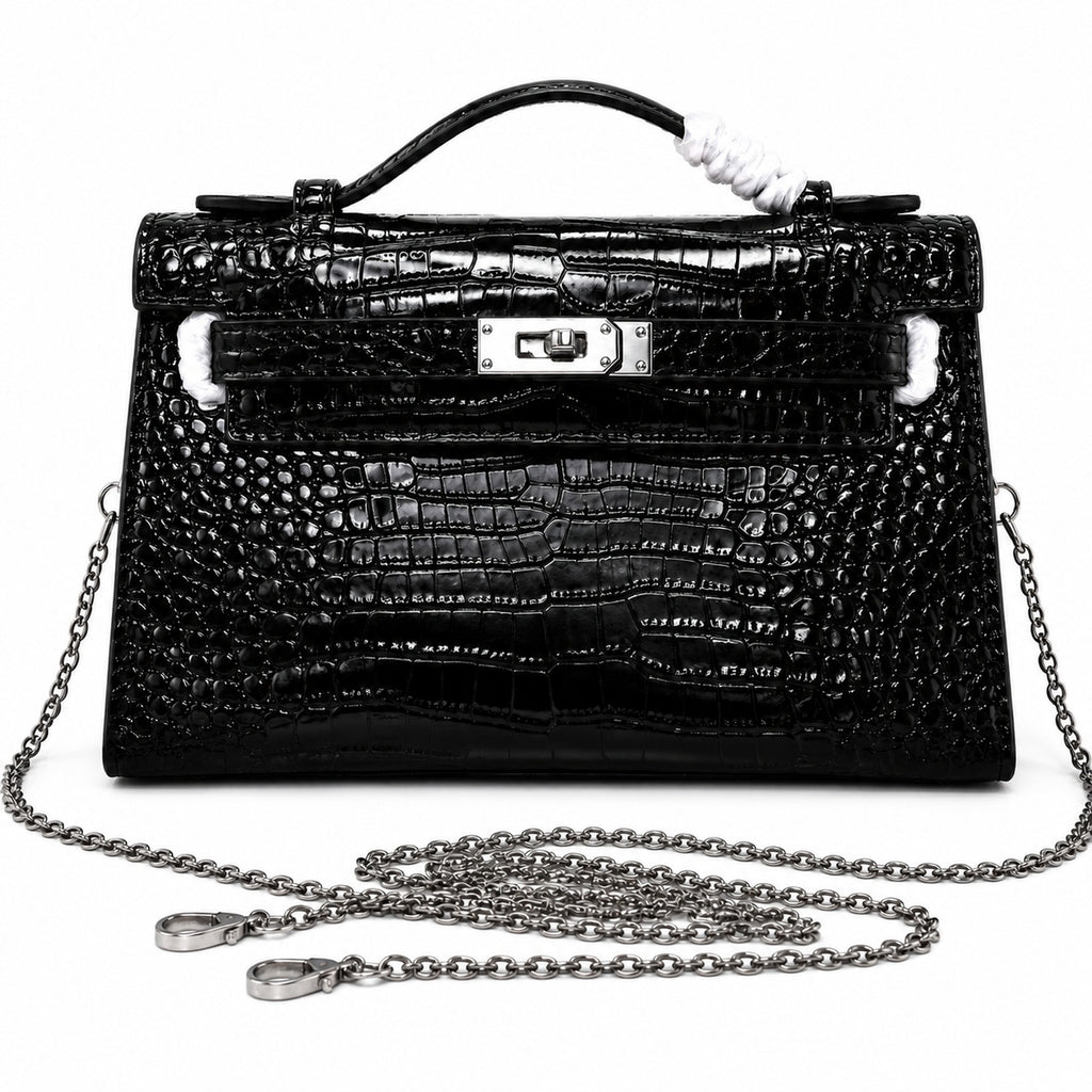 Kelly Pochette Noir Shiny Niloticus Crocodile Leather Palladium Hardware & Palladium Hardware Women Clutch Bag — Elegant Petite Clutch