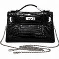Kelly Pochette Noir Shiny Niloticus Crocodile Leather Palladium Hardware & Palladium Hardware Women Clutch Bag — Elegant Petite Clutch