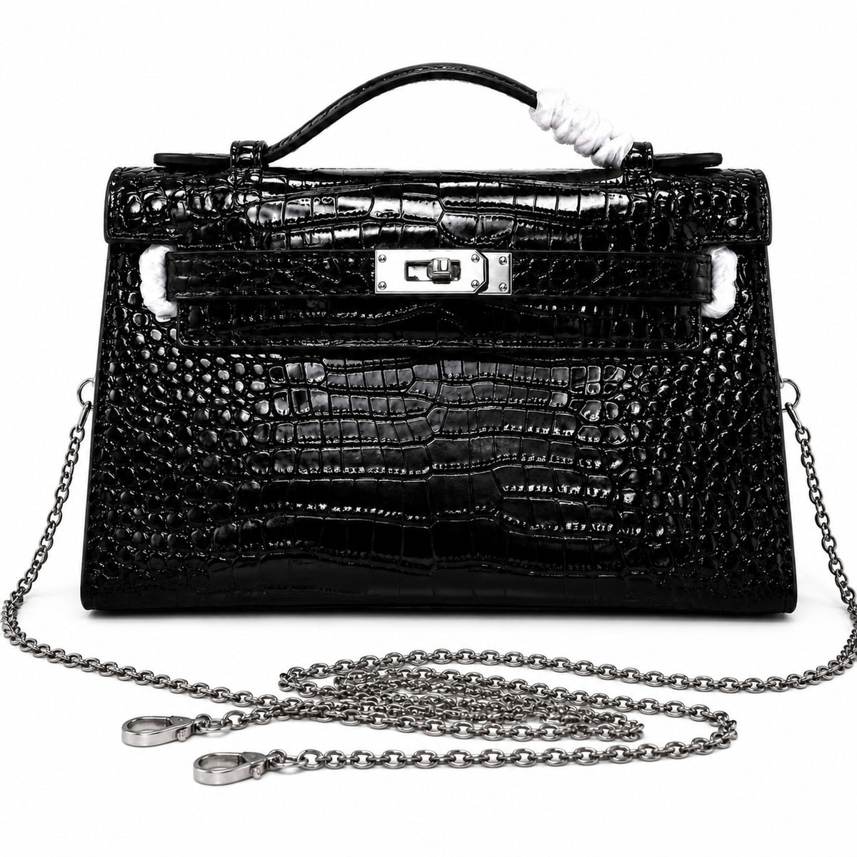 Kelly Pochette Noir Shiny Niloticus Crocodile Leather Palladium Hardware & Palladium Hardware Women Clutch Bag — Elegant Petite Clutch