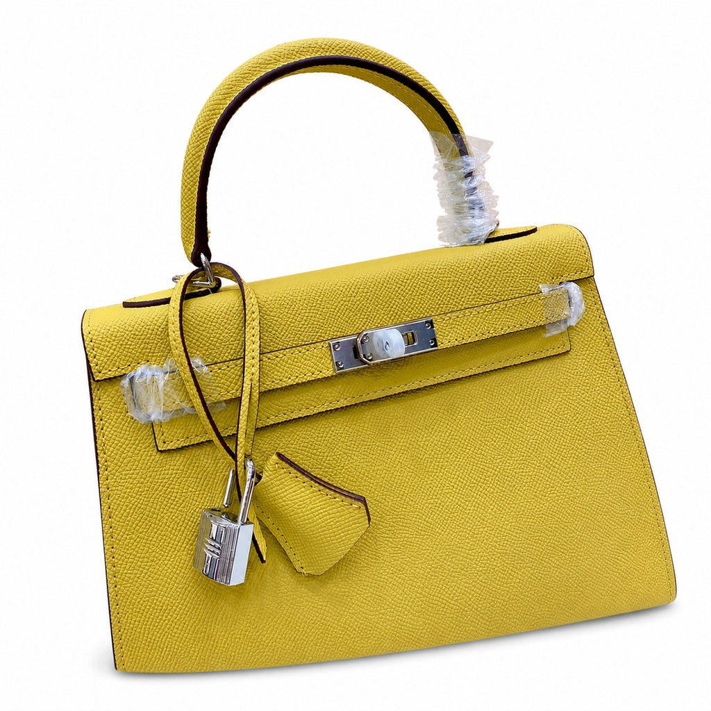 Kelly Sellier 25cm & 28cm Jaune Ambre Epsom Leather Palladium Hardware Women Luxury — Refined Top-Handle Bag