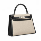 Kelly 25cm Patchwork Canvas and Swift Leather in Black — Polished Structured Handbag