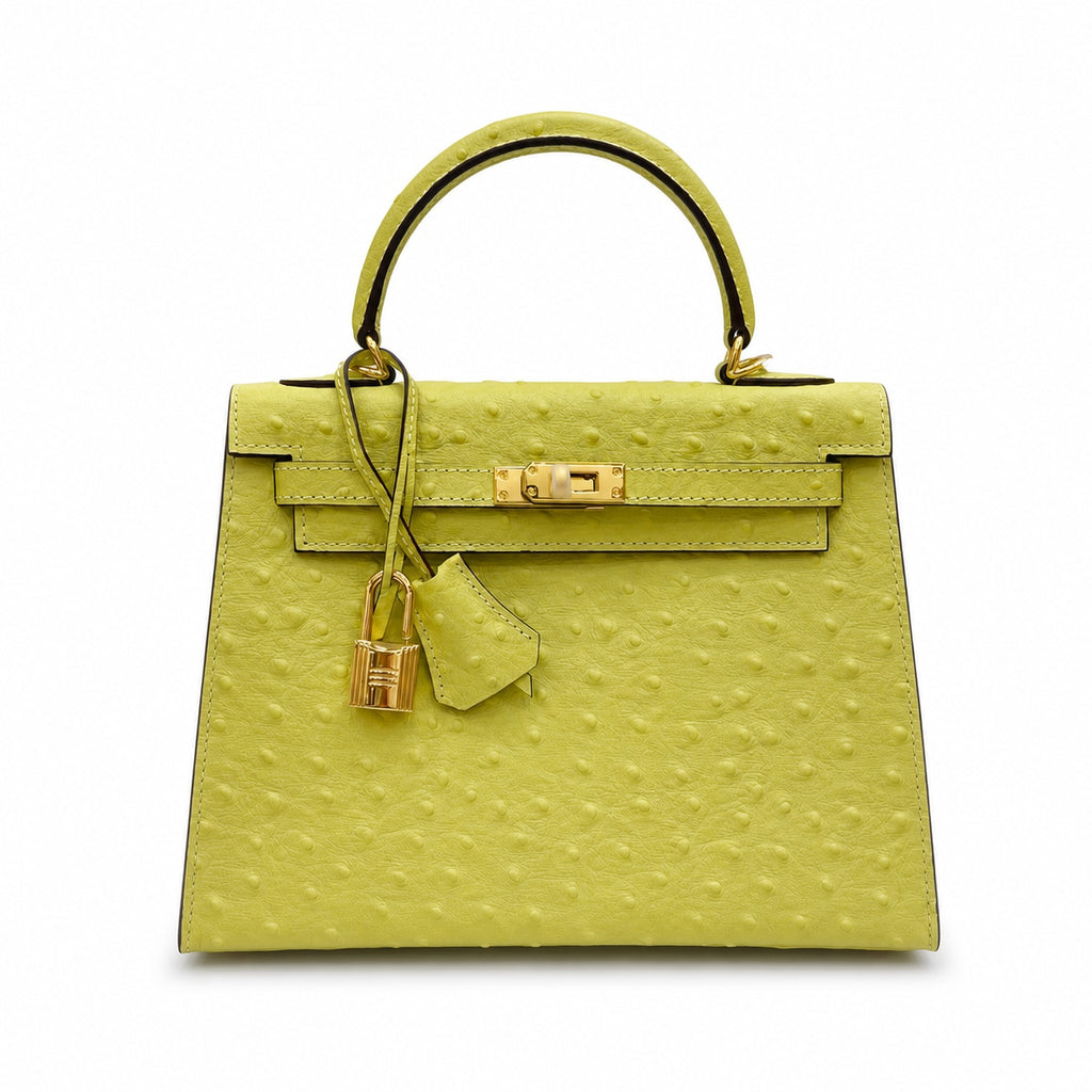 Kelly Sellier 25cm Jaune Poussin Ostrich Gold Hardware Designer Women Shoulder — Versatile Structured Bag