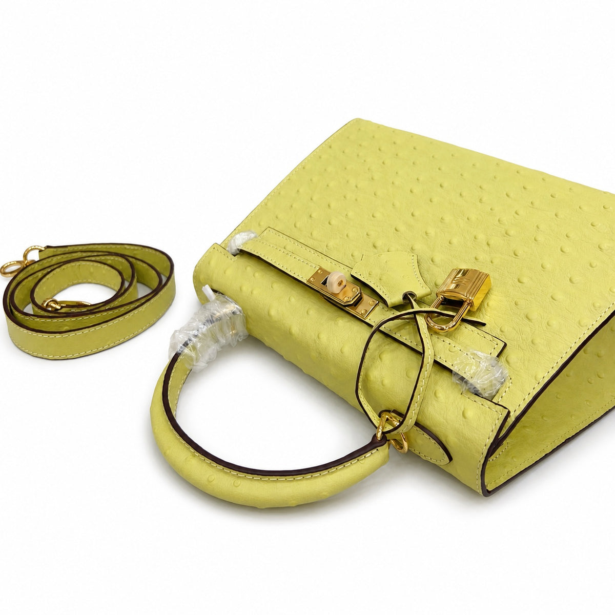 Kelly Sellier 25cm Jaune Poussin Ostrich Gold Hardware Designer Women Shoulder — Versatile Structured Bag