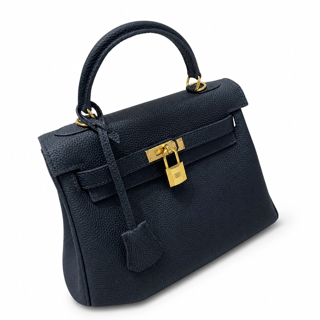 Kelly Sellier 20cm & 25cm & 28cm Bleu Nuit Togo Leather Gold Hardware — Timeless Top-Handle Design