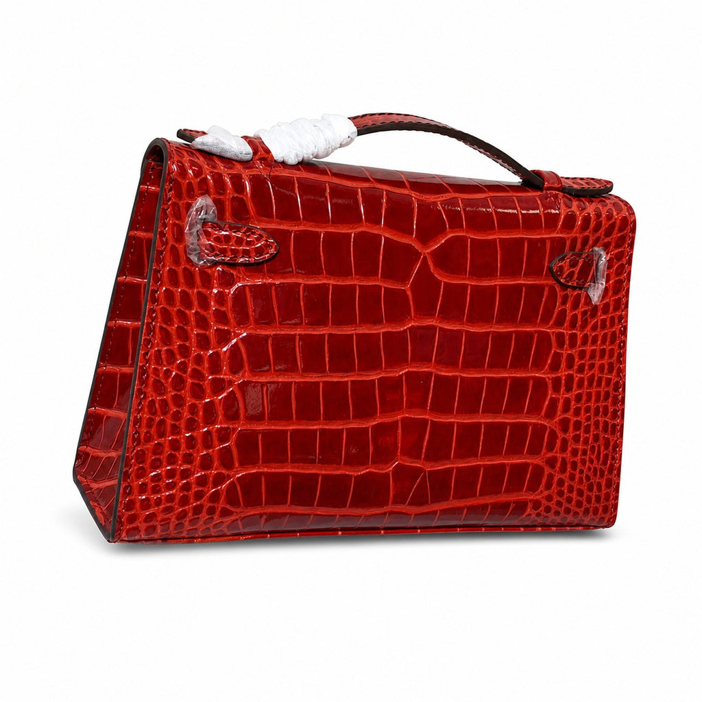 Kelly Pochette Rouge Casa Shiny Niloticus Crocodile Leather Gold Hardware Women Clutch Bag — Elegant Petite Clutch