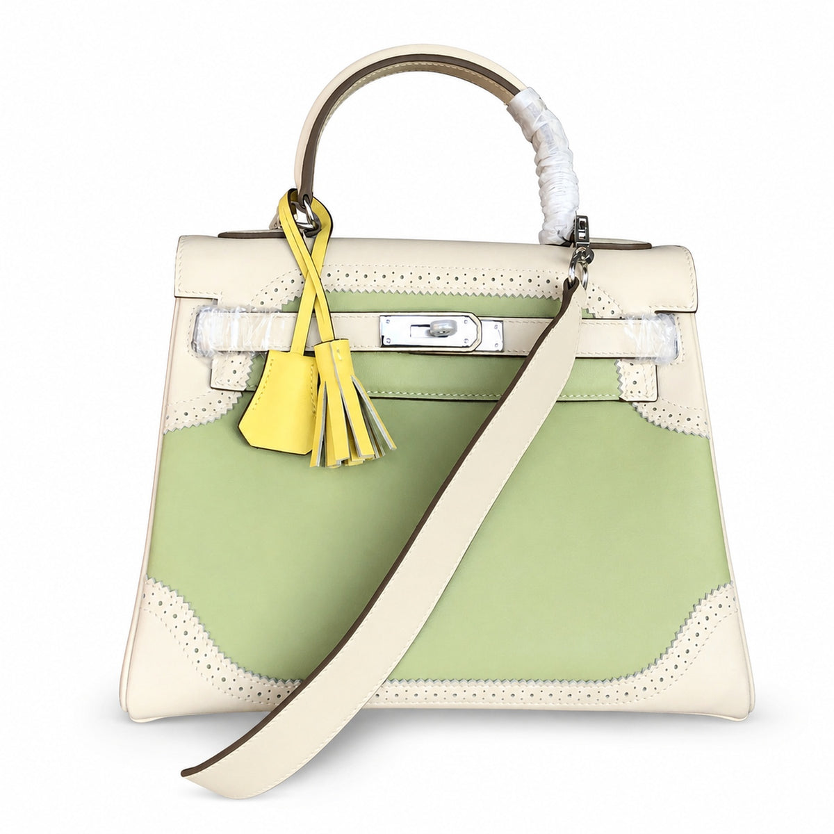 Kelly Sellier Ghillies 28cm Craie & Vert Pomme Barenia Leather Palladium Hardware — Versatile Structured Bag