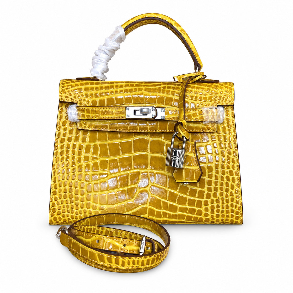 Kelly Sellier 22cm Jaune Ambre Shiny Crocodile Leather Gold Hardware & Palladium Hardware — Elegant Structured Carry Style