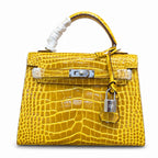 Kelly Sellier 22cm Jaune Ambre Shiny Crocodile Leather Gold Hardware & Palladium Hardware — Elegant Structured Carry Style