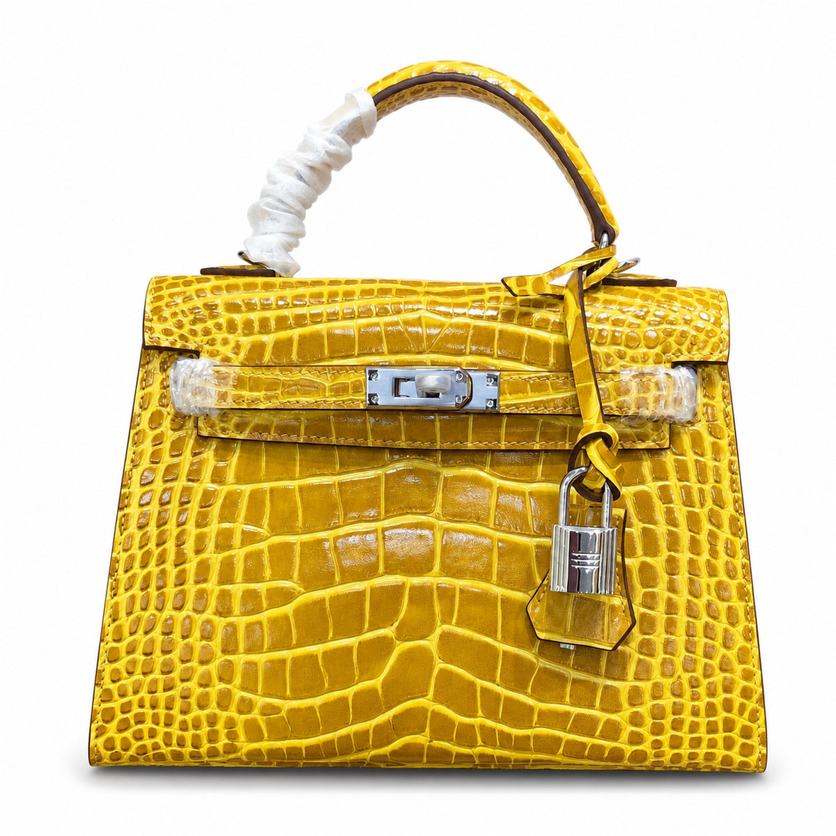 Kelly Sellier 22cm Jaune Ambre Shiny Crocodile Leather Gold Hardware & Palladium Hardware — Elegant Structured Carry Style