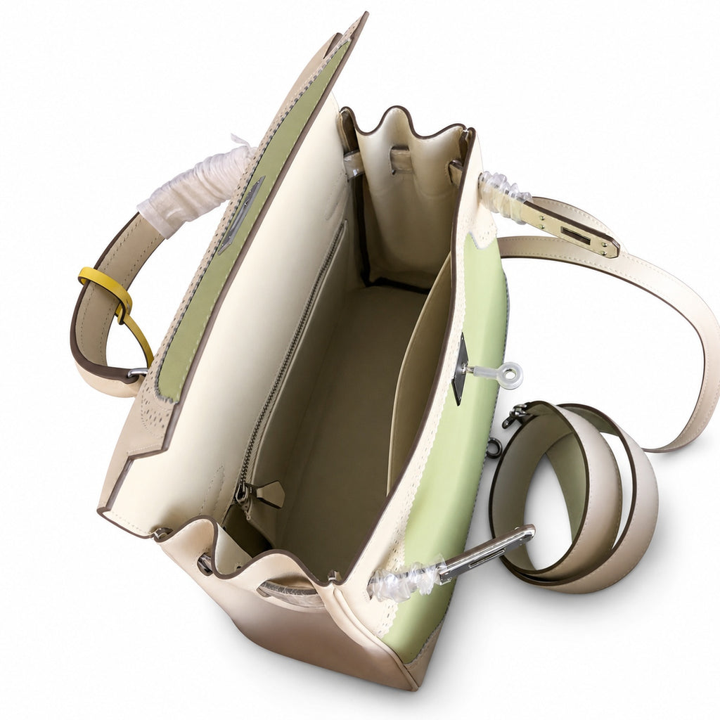 Kelly Sellier Ghillies 28cm Craie & Vert Pomme Barenia Leather Palladium Hardware — Versatile Structured Bag