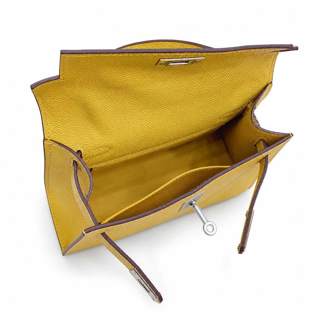 Mini Kelly II Sellier 19cm & 22cm Jaune Ambre Epsom Leather Palladium Hardware — Distinctive Petite Bag