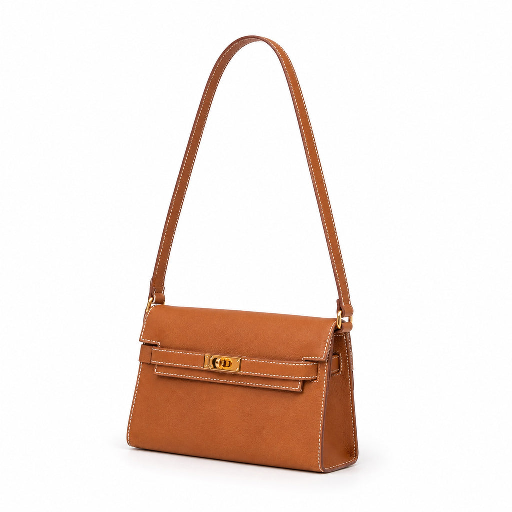 Kelly Elan 25x6.5x15cm Underarm Baguette Bag in Brown with Gold Buckle — Distinctive Elongated Handbag