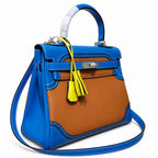 Kelly Sellier Ghillies 28cm Bleu Izmir & Natural Sable Barenia Leather Palladium Hardware — Refined Top-Handle Bag