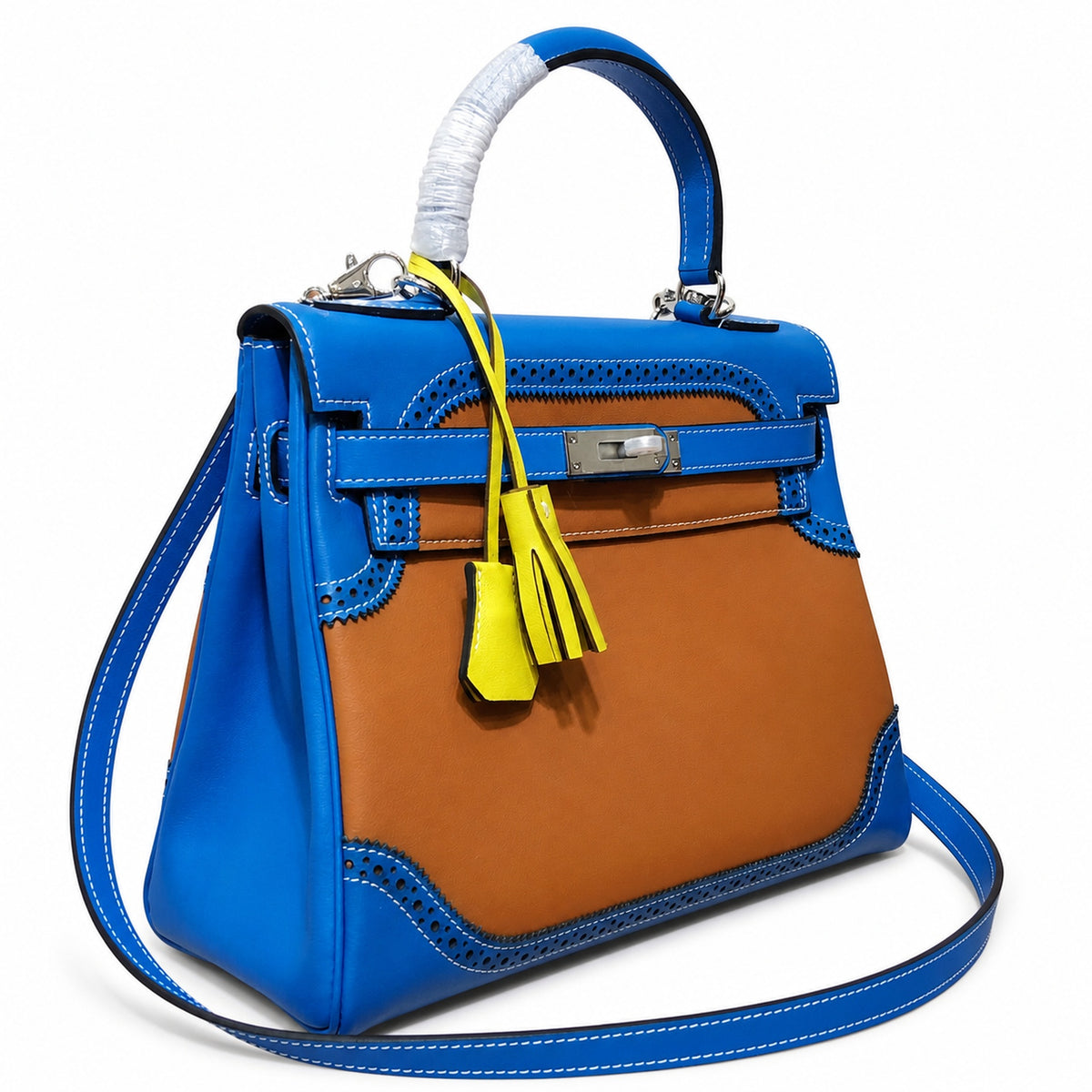 Kelly Sellier Ghillies 28cm Bleu Izmir & Natural Sable Barenia Leather Palladium Hardware — Refined Top-Handle Bag