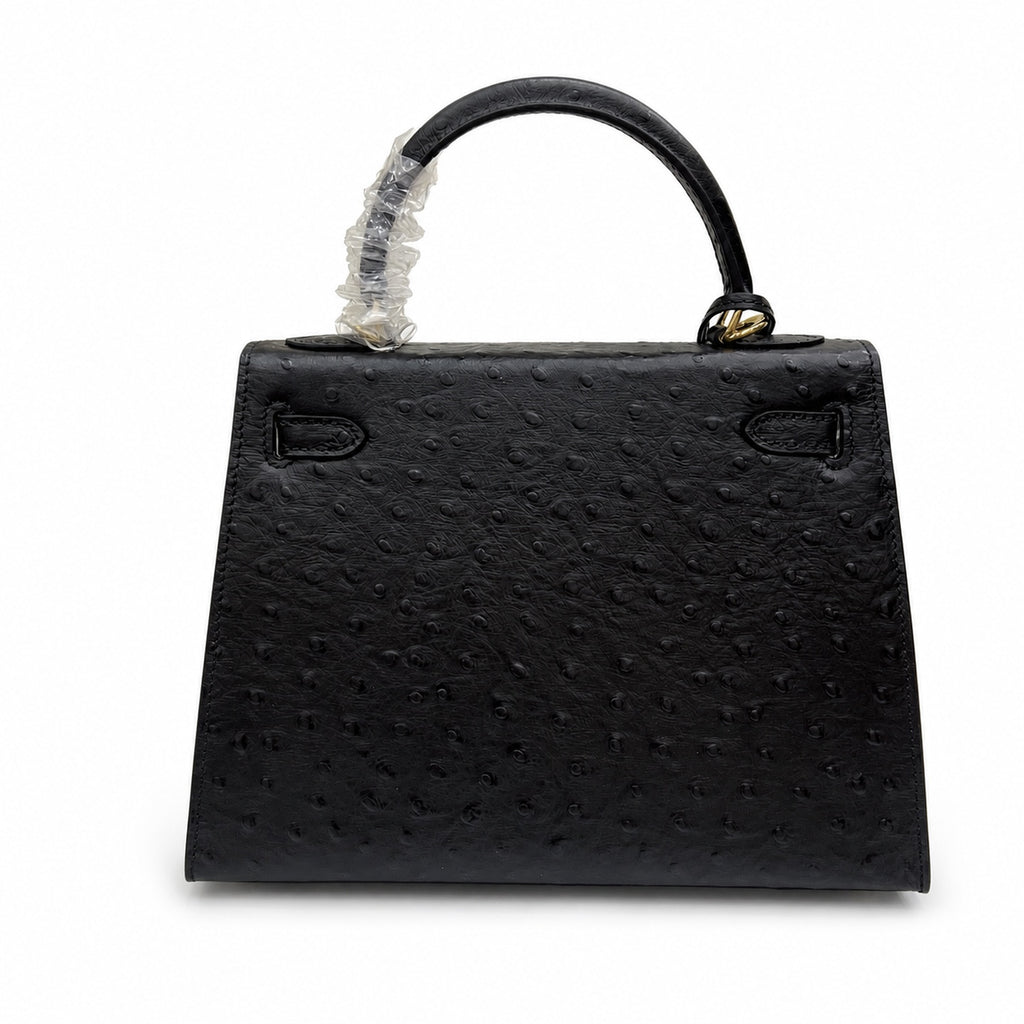 Kelly Sellier 25cm Noir Black Ostrich Gold Hardware Designer Shoulder Tote — Versatile Structured Bag