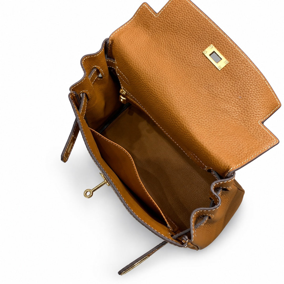 Kelly Sellier 20cm & 25cm & 28cm Gold Togo Leather Gold Hardware — Elegant Structured Carry Style