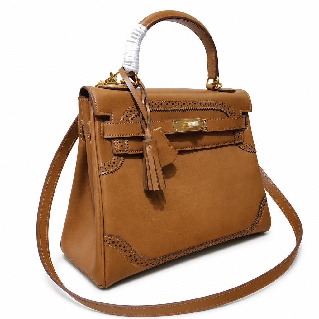 Kelly Sellier Ghillies 28cm Natural Sable Barenia Leather Gold Hardware — Streamlined Top-Handle Handbag
