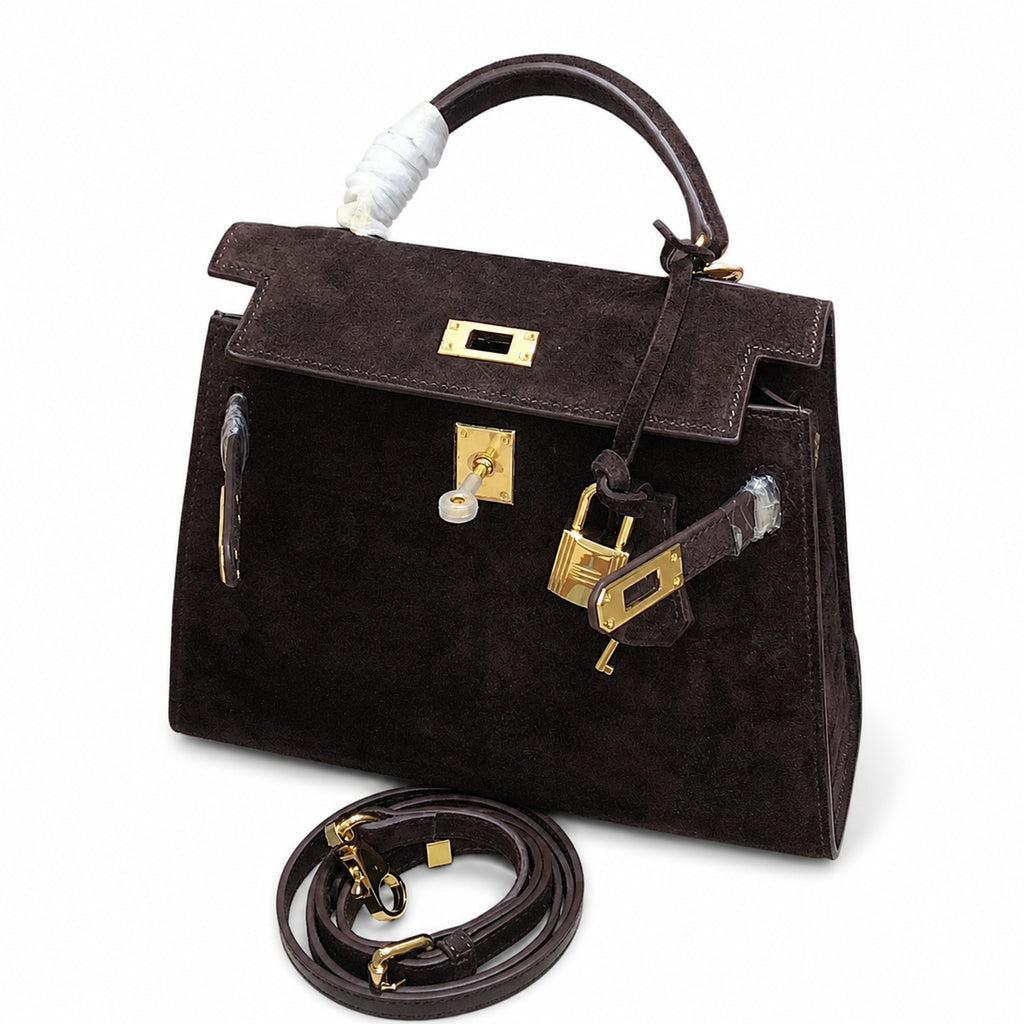 Mini Kelly Sellier 22cm Ebene Suede Leather Gold Hardware — Versatile Mini Carry Design