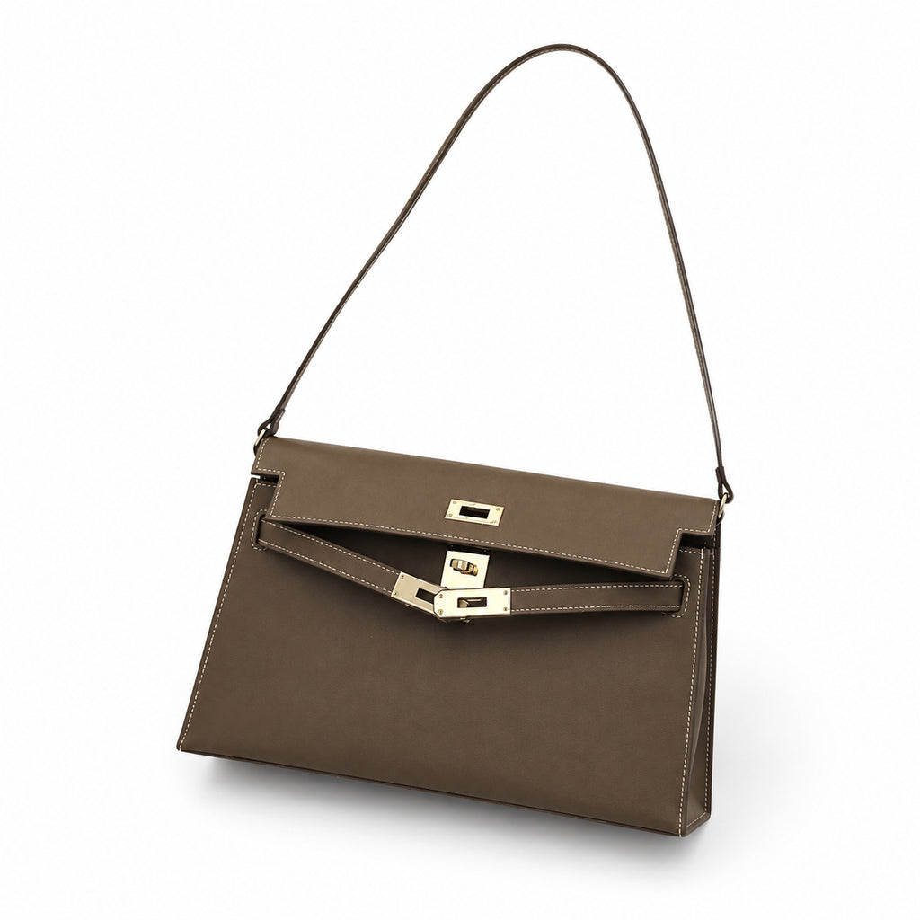 Kelly Elan 25x6.5x15cm Underarm Baguette Bag in Khaki with Silver Hardware — Elegant Shoulder-Carry Bag