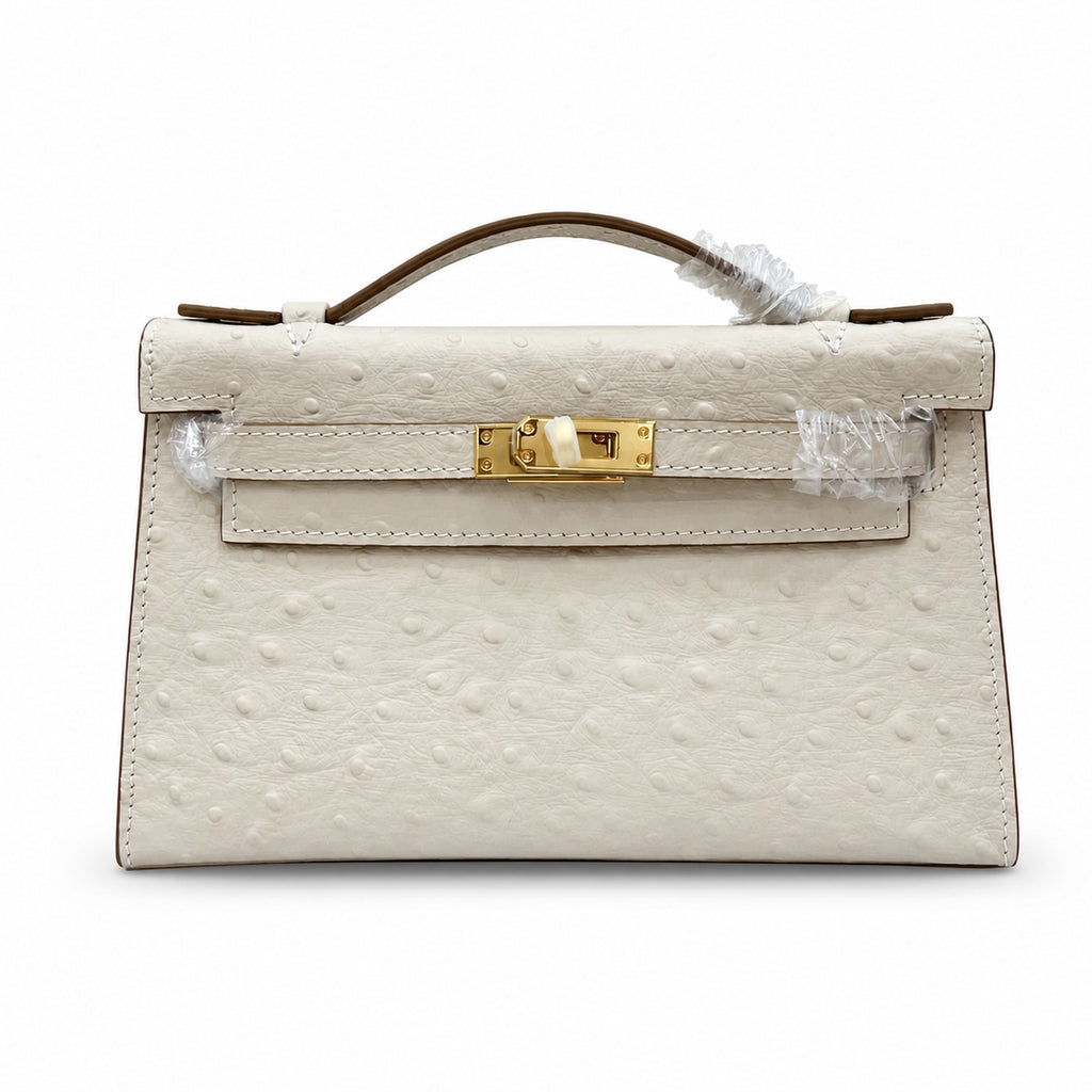Mini Kelly II Sellier 19cm & 22cm Craie Ostrich Leather Gold Hardware — Timeless Mini Top-Handle Design