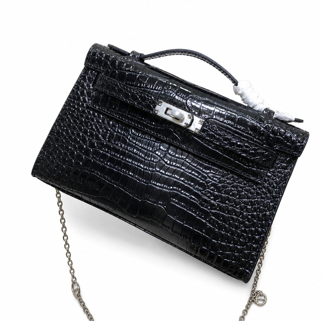 Kelly Pochette Noir Shiny Niloticus Crocodile Leather Palladium Hardware & Palladium Hardware Women Clutch Bag — Elegant Petite Clutch