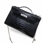 Kelly Pochette Noir Shiny Niloticus Crocodile Leather Palladium Hardware & Palladium Hardware Women Clutch Bag — Elegant Petite Clutch