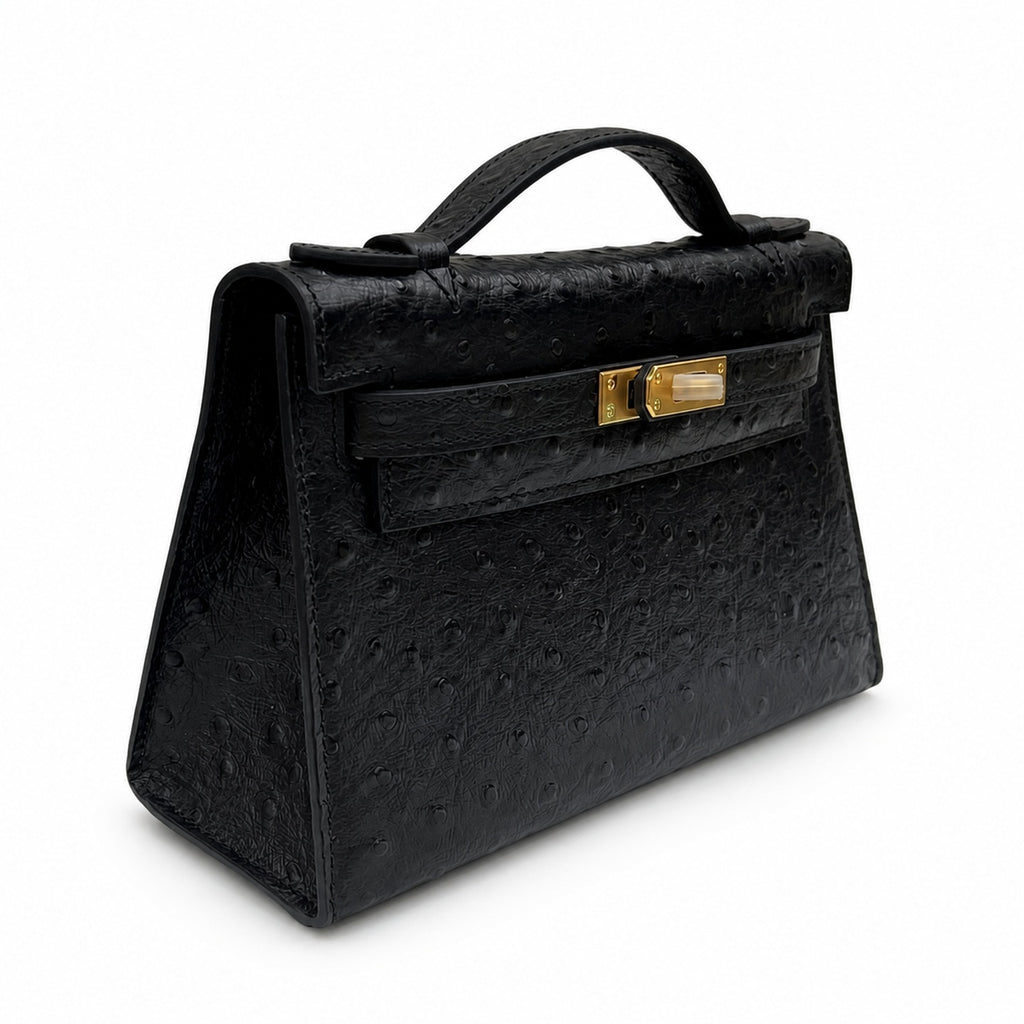 Mini Kelly Sellier 22cm Noir Ostrich Leather Gold Hardware — Small Structured Carry Style