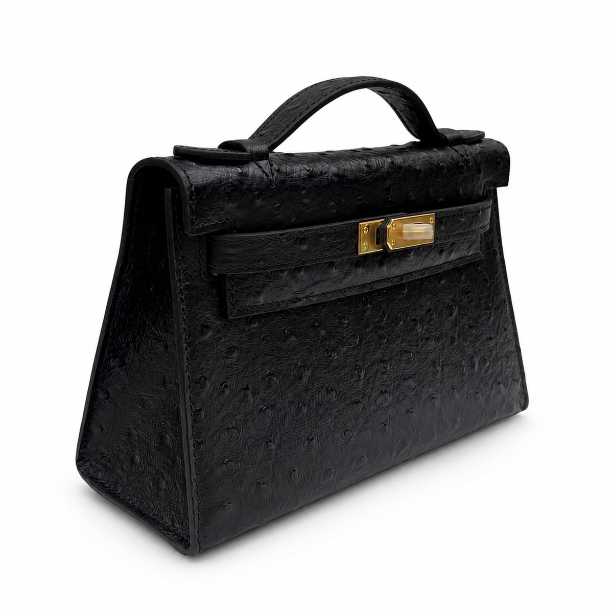Mini Kelly Sellier 22cm Noir Ostrich Leather Gold Hardware — Small Structured Carry Style