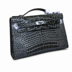 Kelly Pochette Gris Elephant Shiny Niloticus Crocodile Leather Palladium Hardware & Palladium Hardware Women Clutch Bag — Refined Small Hand-Carry Bag