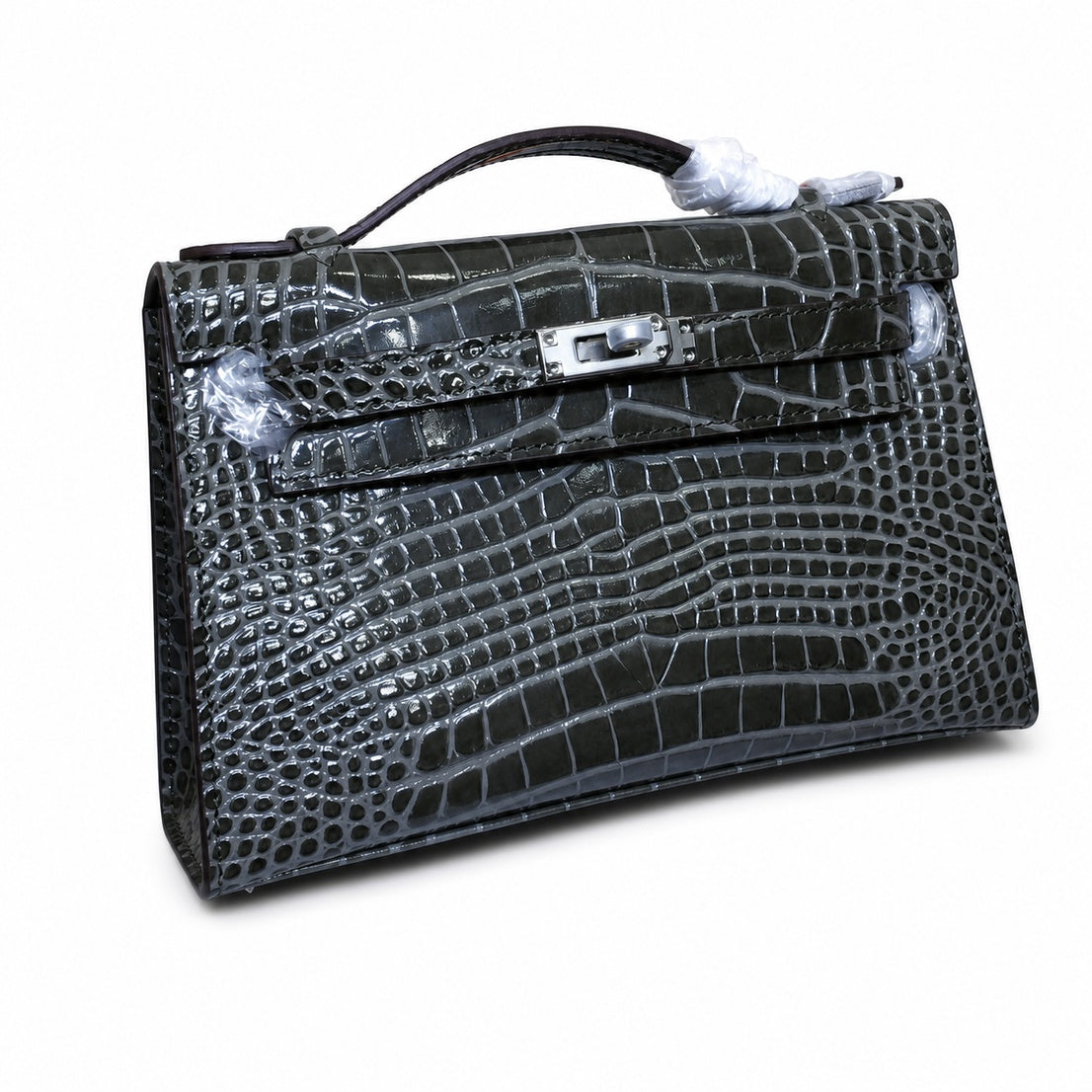 Kelly Pochette Gris Elephant Shiny Niloticus Crocodile Leather Palladium Hardware & Palladium Hardware Women Clutch Bag — Refined Small Hand-Carry Bag